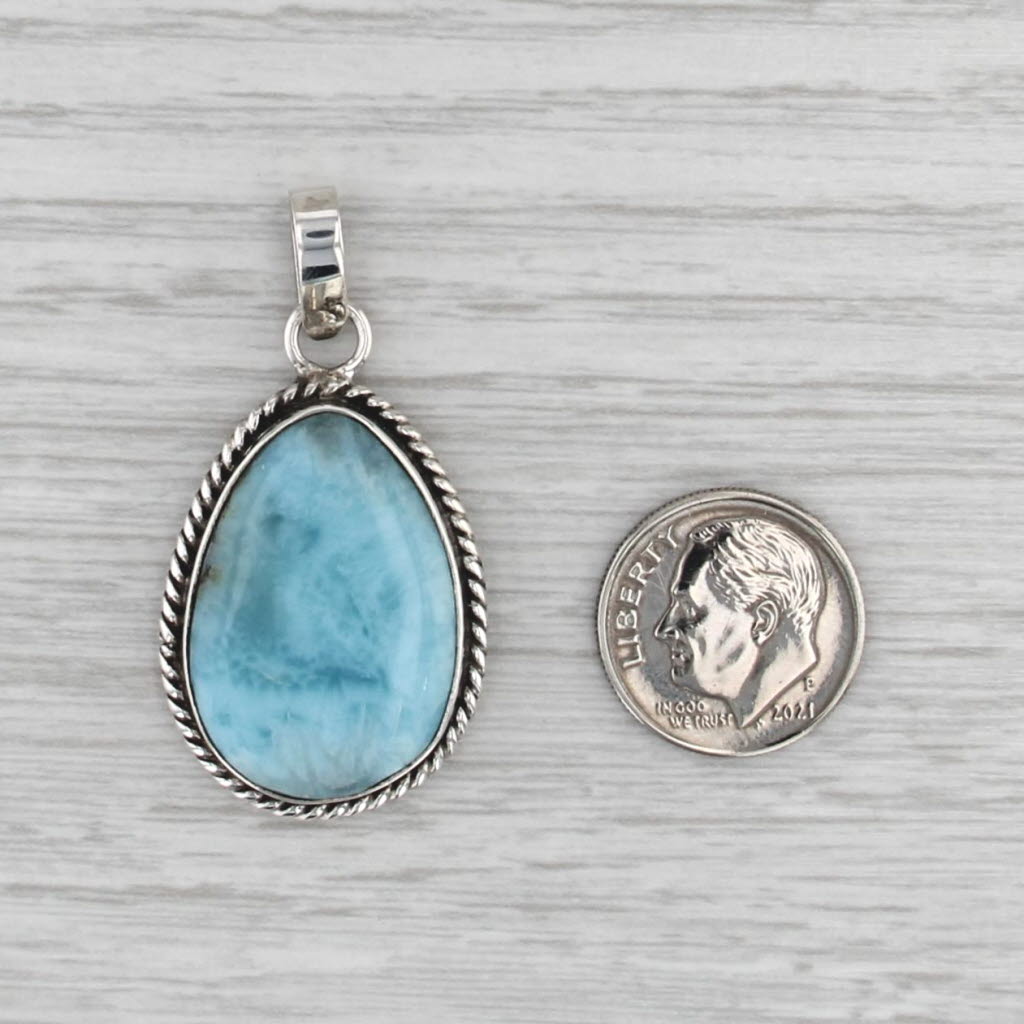 Blue Larimar Pear Cabochon Solitaire Pendant Sterling Silver Statement