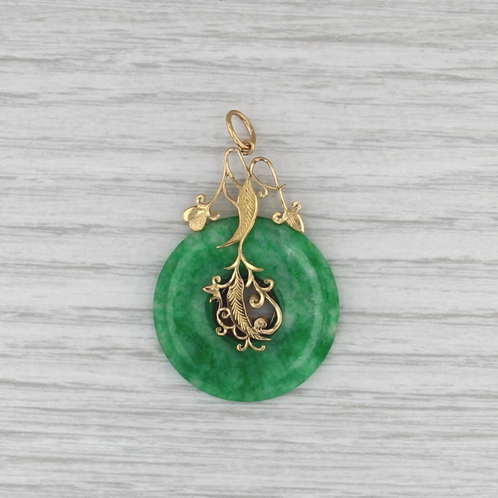 Green Jadeite Jade Hololith Ornate Leaf Pendant 19k Yellow Gold