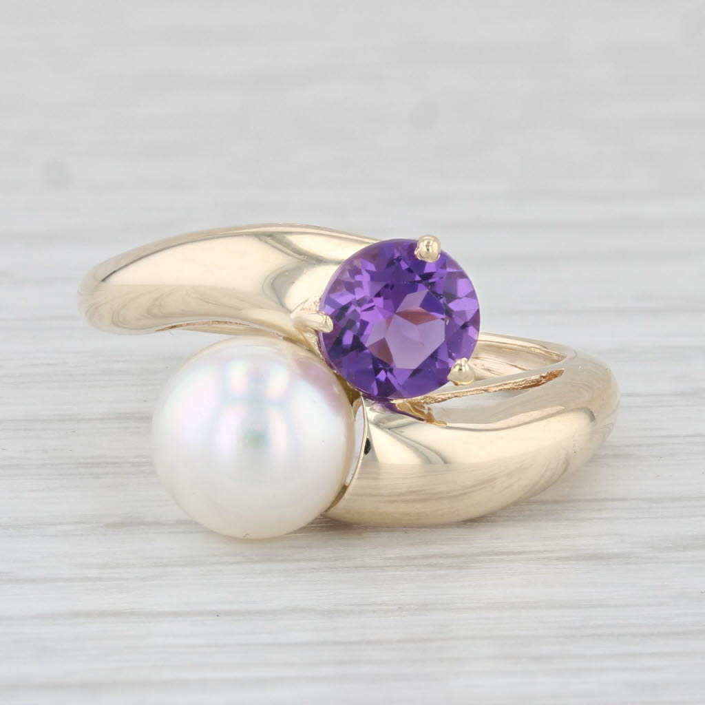 Light Gray Amethyst Cultured Pearl Bypass Ring 10k Yellow Gold Size 7