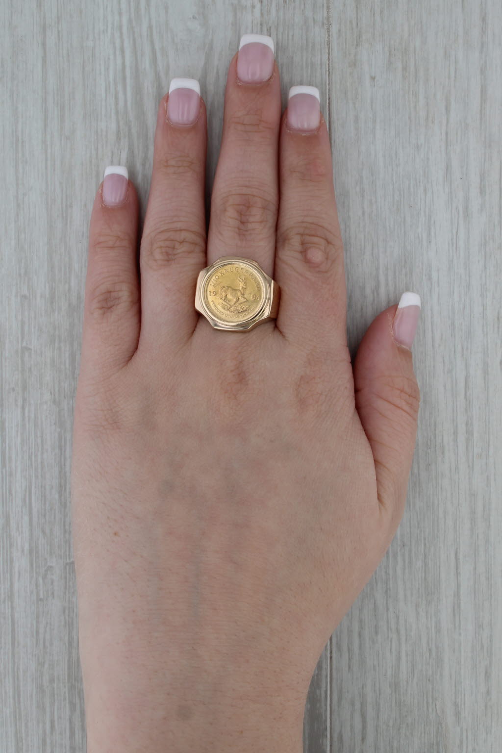 1984 1/10 oz Krugerand South African Coin Ring 14k 22k Yellow Gold Size 10.25