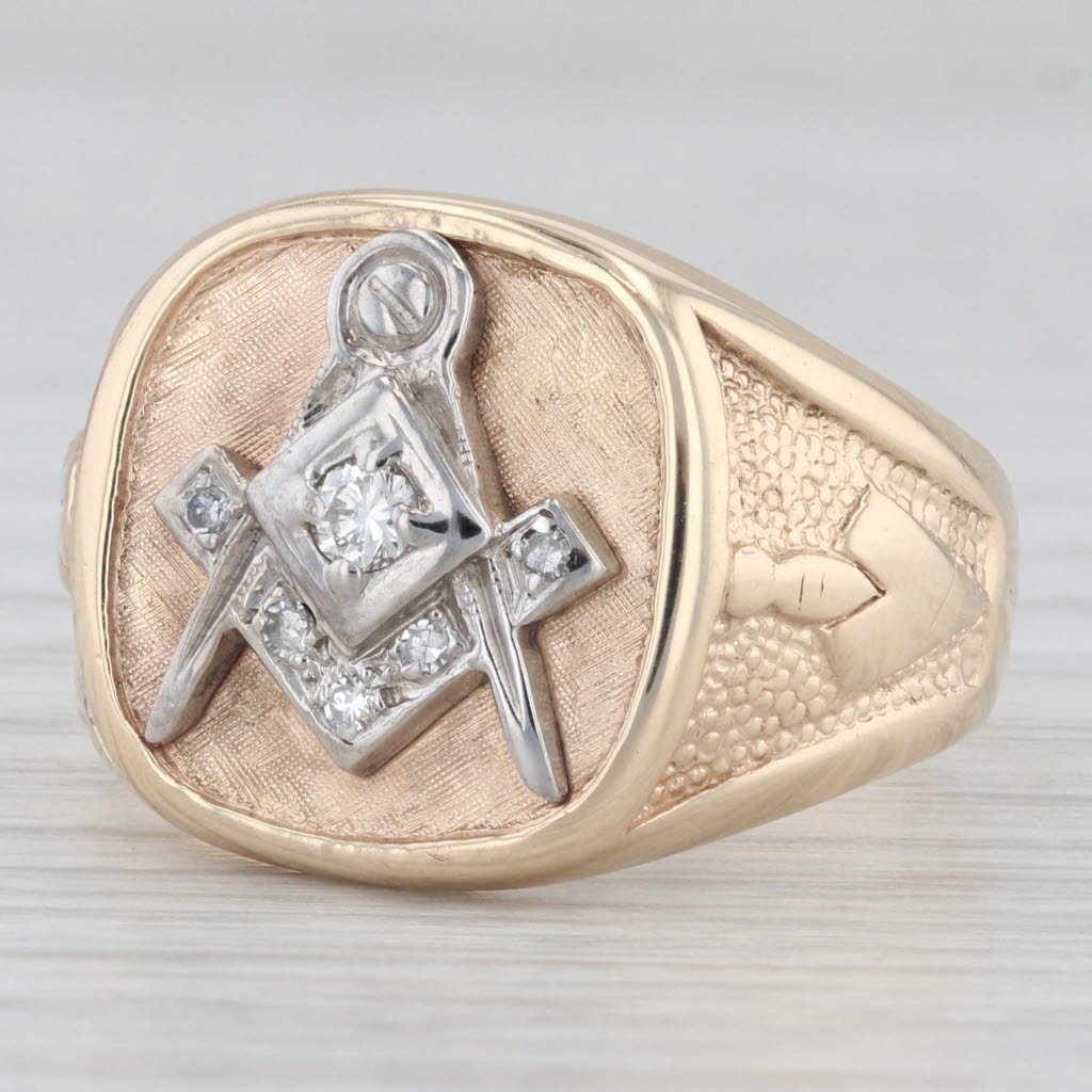 Light Gray 0.10ctw Diamond Masonic Signet Ring 10k Gold Size 10.25 Square Compass Tools