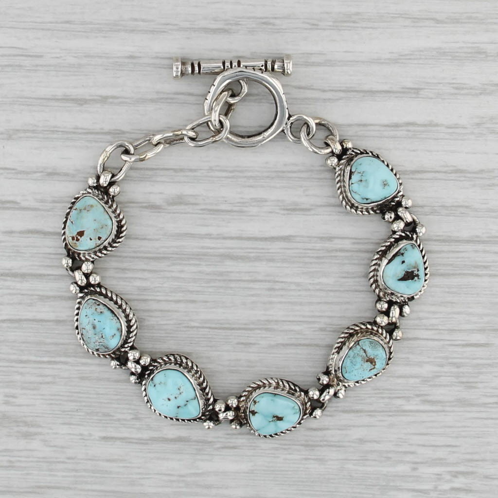 Turquoise Pear Link Bracelet Sterling Silver 6.5" 10.5mm Toggle Clasp