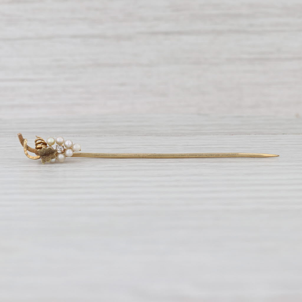 Antique Diamond Pearl Grape Bunch Stickpin 14k Yellow Gold