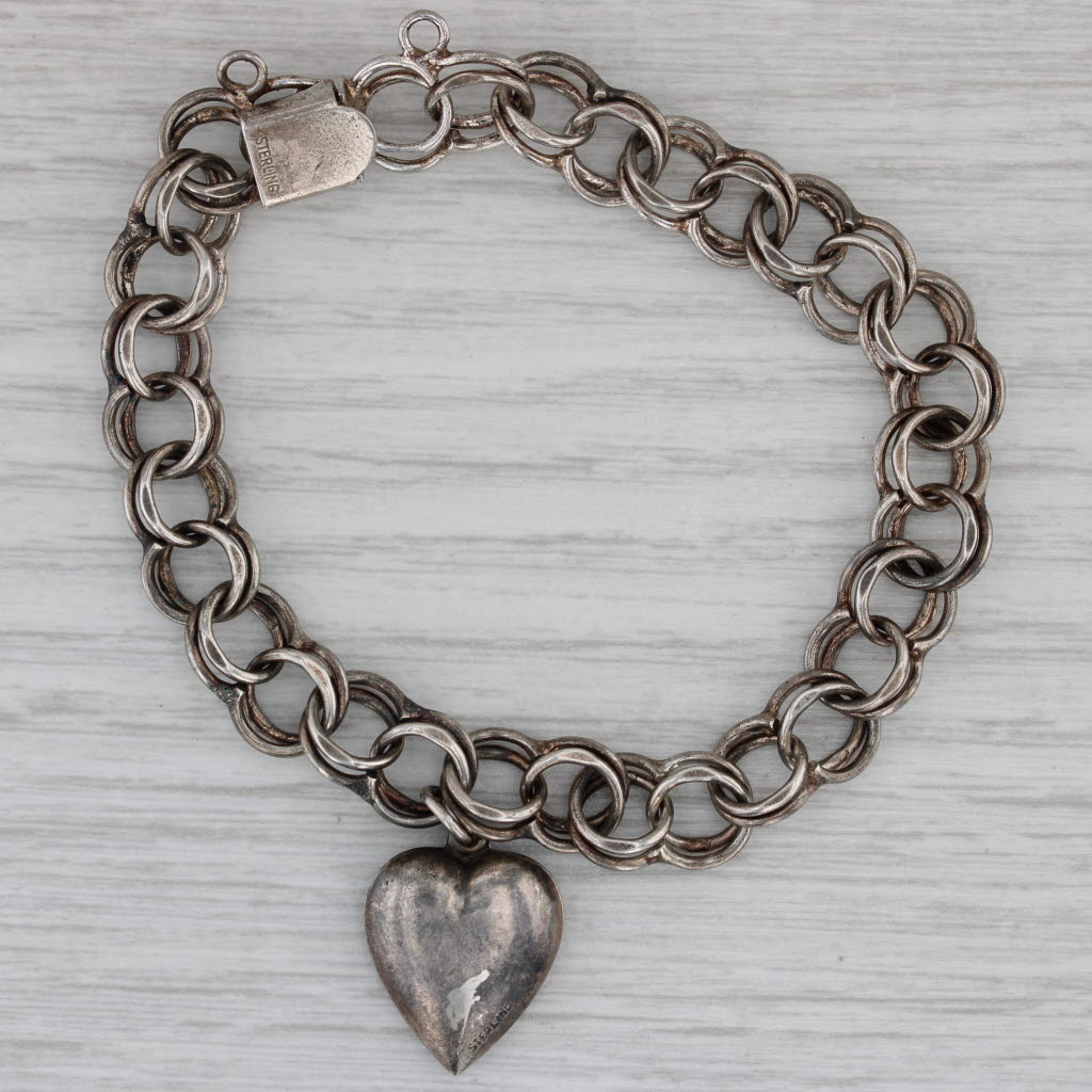 Gray Vintage Scottie Dogs Puffy Heart Charm Bracelet Sterling Silver 7" Curb Chain