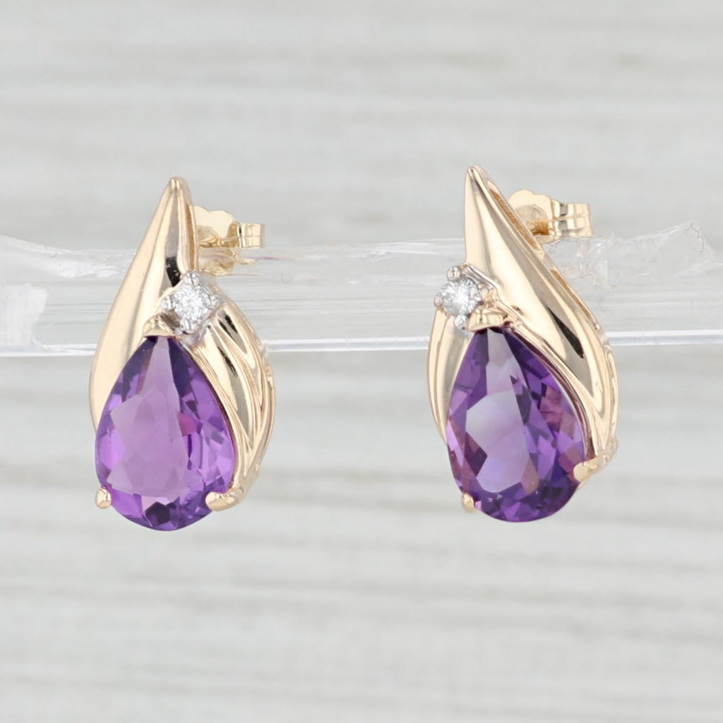 Light Gray 3.06ctw Teardrop Amethyst Earrings 14k Yellow Gold Pear Studs