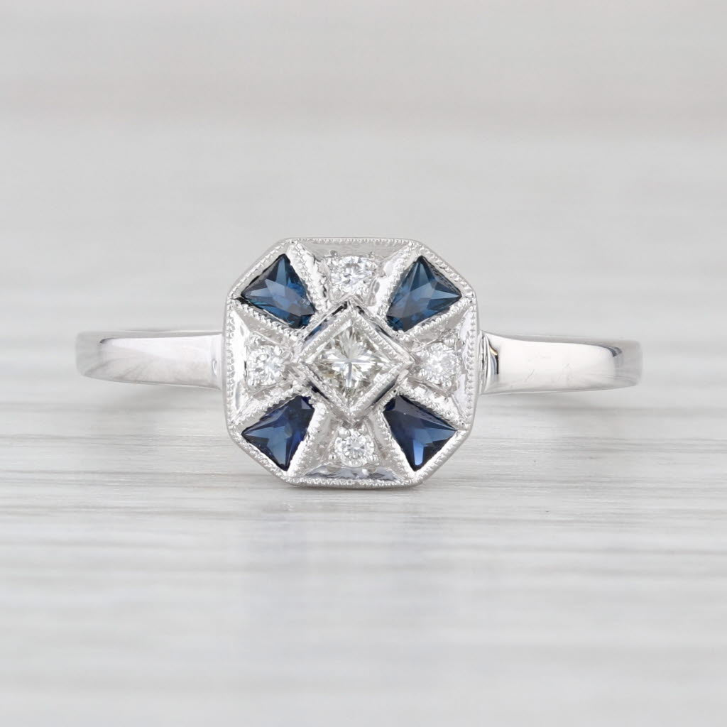 New Beverley K 0.46ctw Blue Sapphire Diamond Halo Ring 18k White Gold Size 6.5