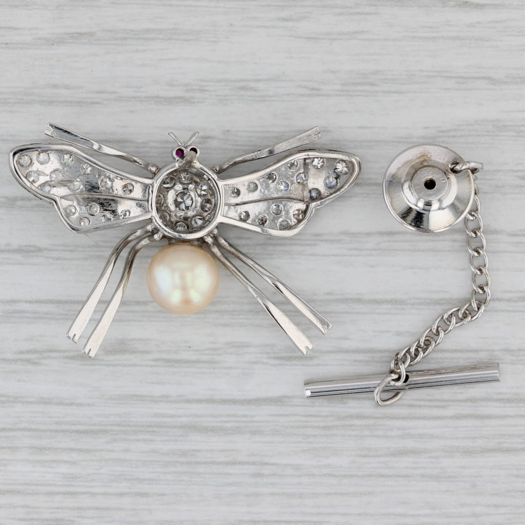 Gray Vintage Flying Bug Brooch 0.44ctw Diamond Cultured Pearl Tie Tac Pin Platinum