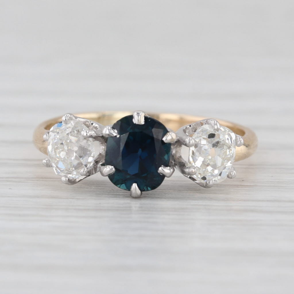Antique 1.80ctw Blue Sapphire Diamond 3-Stone Ring 14k Yellow Gold Size 5.5