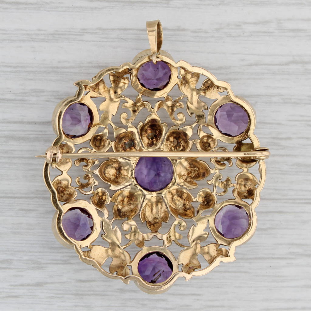 Gray 13ctw Amethyst Flower Pendant Brooch 18k Yellow Gold Large Flower Statement