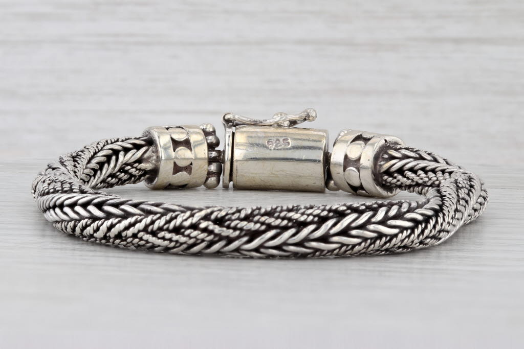 Light Gray Woven Rope Chain Bracelet Sterling Silver 7.5" 6.4mm Statement