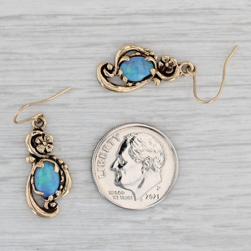 Vintage Floral Blue Opal Dangle Earrings 14k Yellow Gold Hook Posts