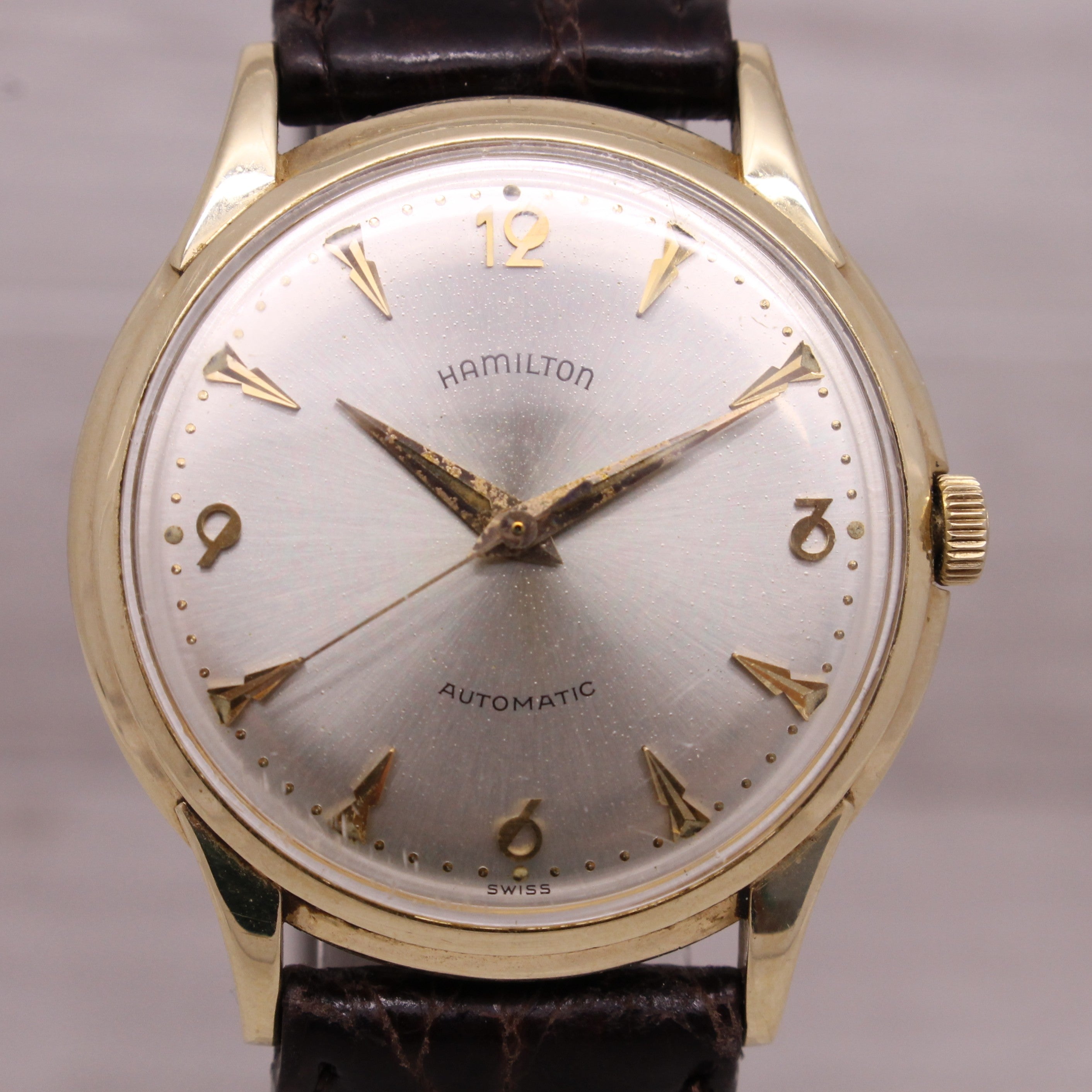 Rosy Brown Vintage c.1960 Hamilton 14k Yellow Gold Mens Automatic Watch c.666 Micro Rotor