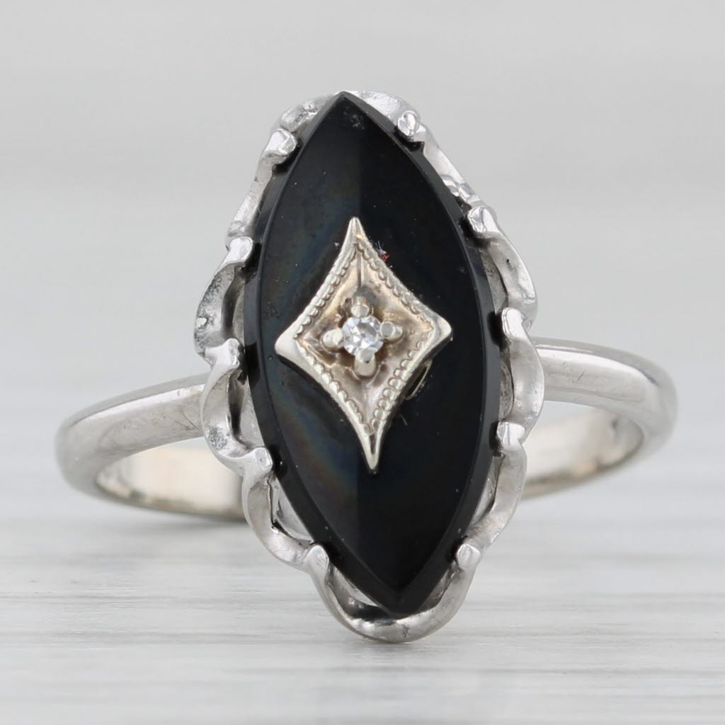 Light Gray Vintage Onyx Navette Diamond Signet Ring 10k White Gold Size 4.5