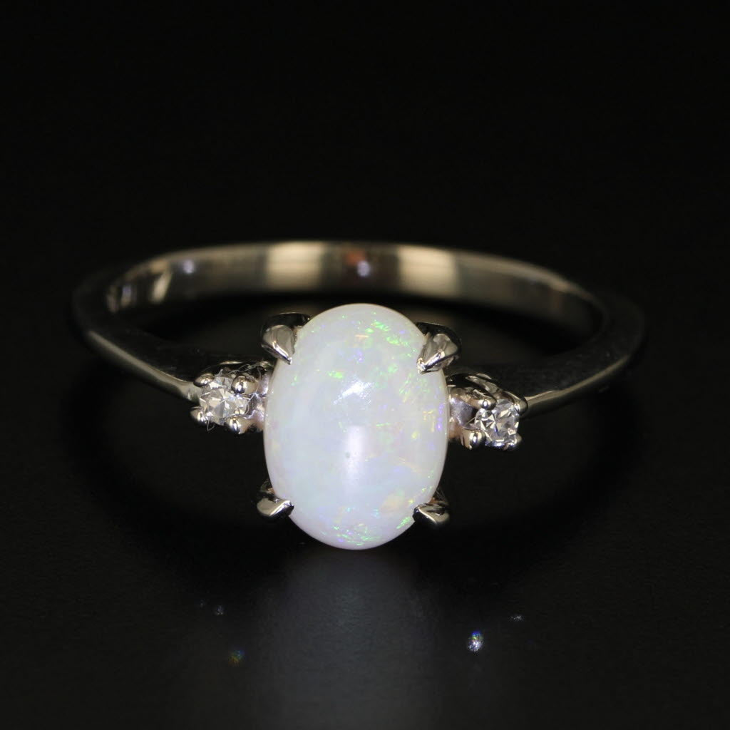 Black Oval Cabochon Opal Diamond Ring 10k White Gold Size 5.75