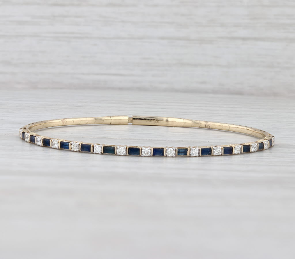 New 1.92ctw Blue Sapphire Diamond Flexible Bangle Bracelet 14k Yellow Gold 6.75"