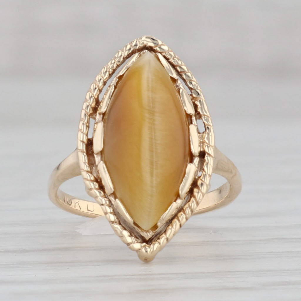 Gray Tiger's Eye Marquise Cabochon Solitaire Ring 10k Yellow Gold Size 2.5