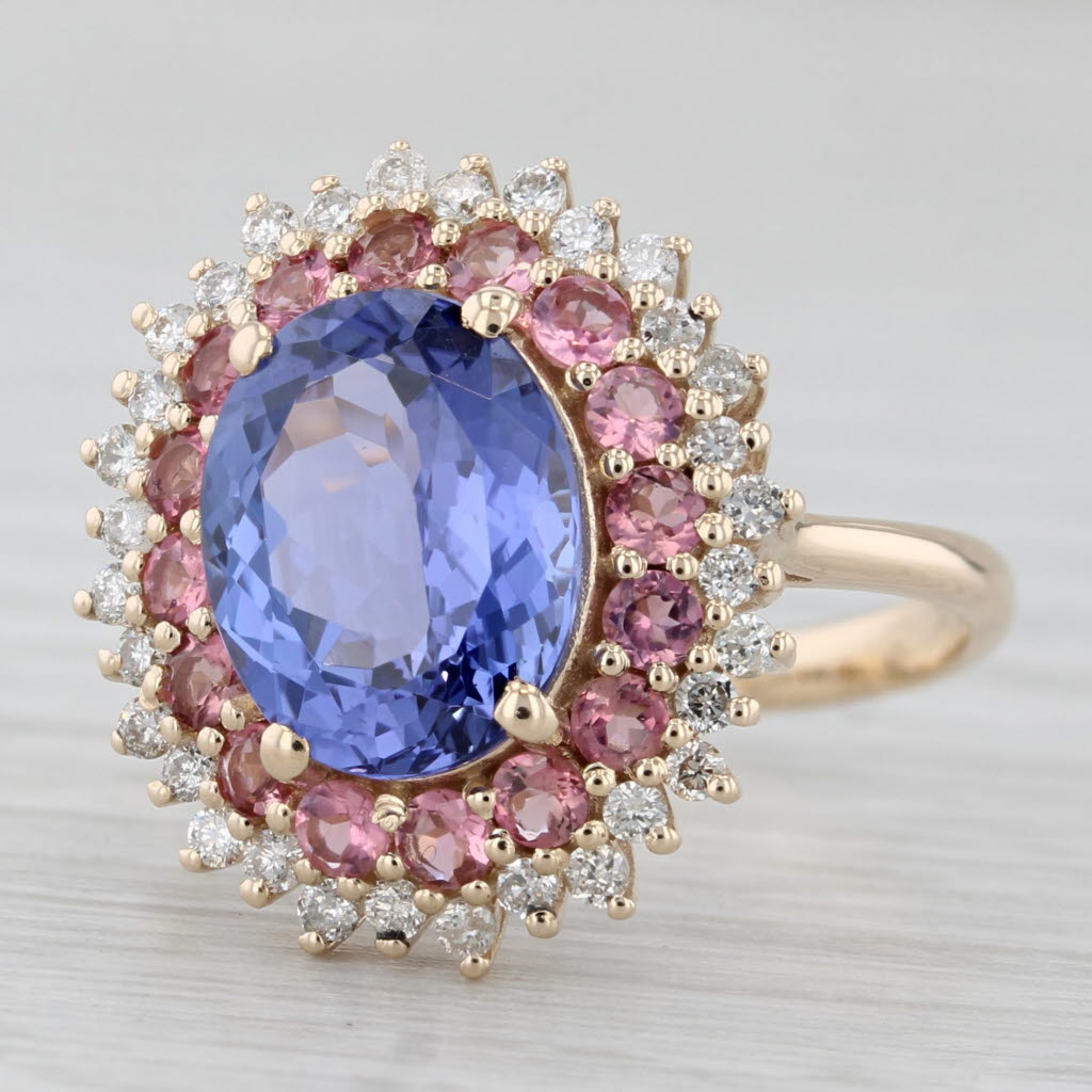 Gray 3.58ctw Tanzanite Pink Tourmaline Diamond Halo Ring 10k Yellow Gold Size 5