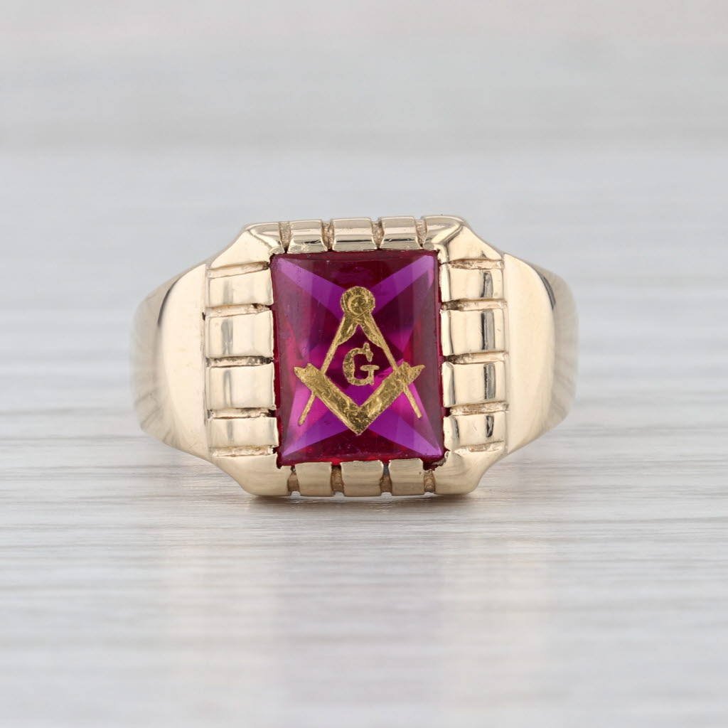 Vintage Masonic Signet Ring 10k Yellow Gold Lab Created Ruby Blue Lodge 10.25