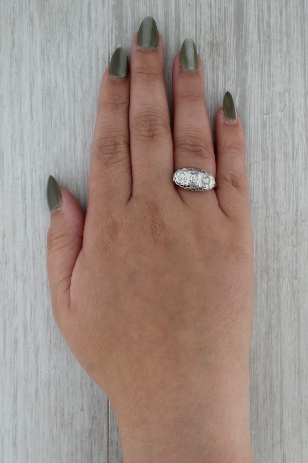 0.22ctw 3-Stone Art Deco Old European Cut Diamond Ring 18k White Gold Size 7.25