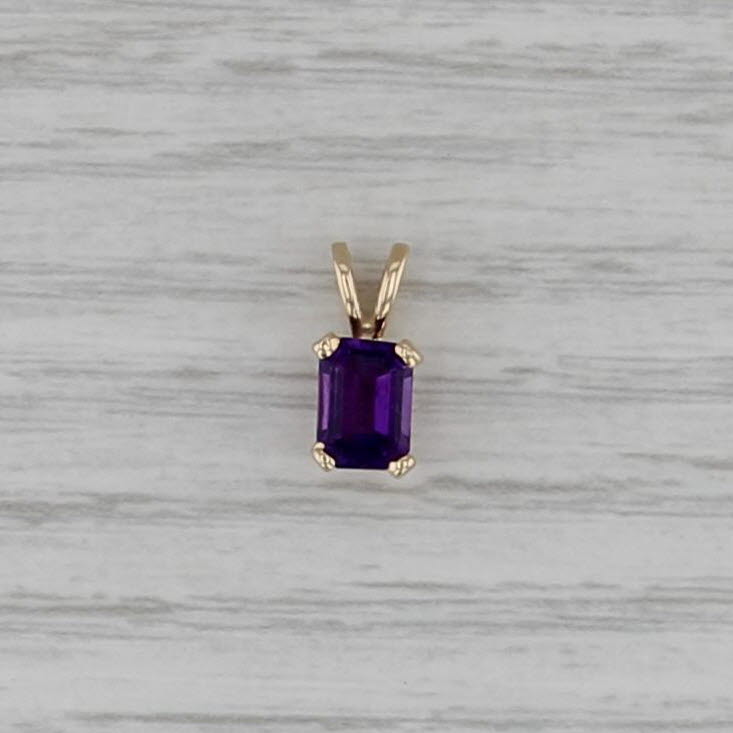 0.80ct Emerald Cut Solitaire Amethyst Pendant 14k Yellow Gold Small Drop