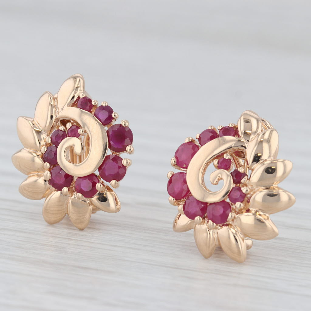 Light Gray 1.55ctw Ruby Flower Swirl Clip On Earrings 14k Yellow Gold Omega Backs