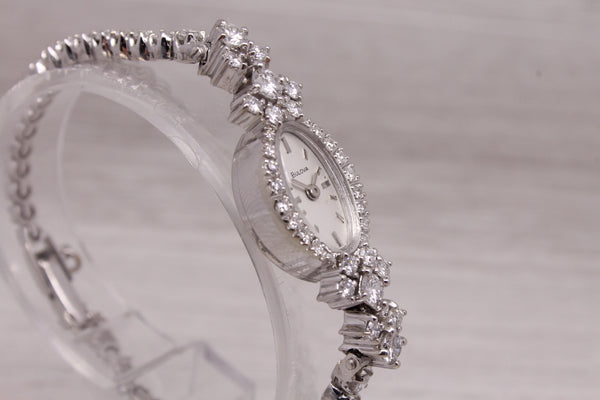 Vintage Bulova 14k White Gold & Diamond Ladies Bracelet Watch Quartz Conversion