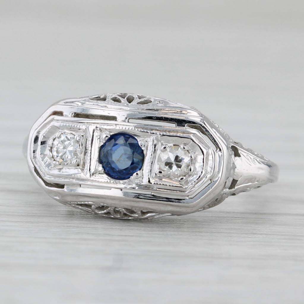Art Deco 0.31ctw Blue Sapphire Diamond Ring 18k White Gold Filigree Size 6