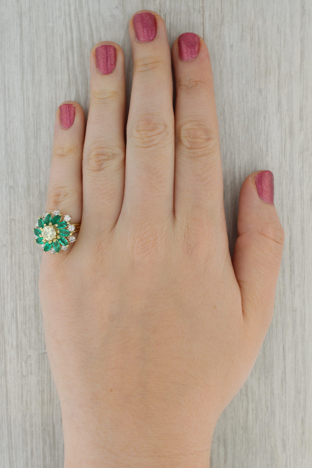 Rosy Brown 3.59ctw Lab Created Emerald Diamond Flower Ring 18k Gold Vintage Cocktail Sz 6.5