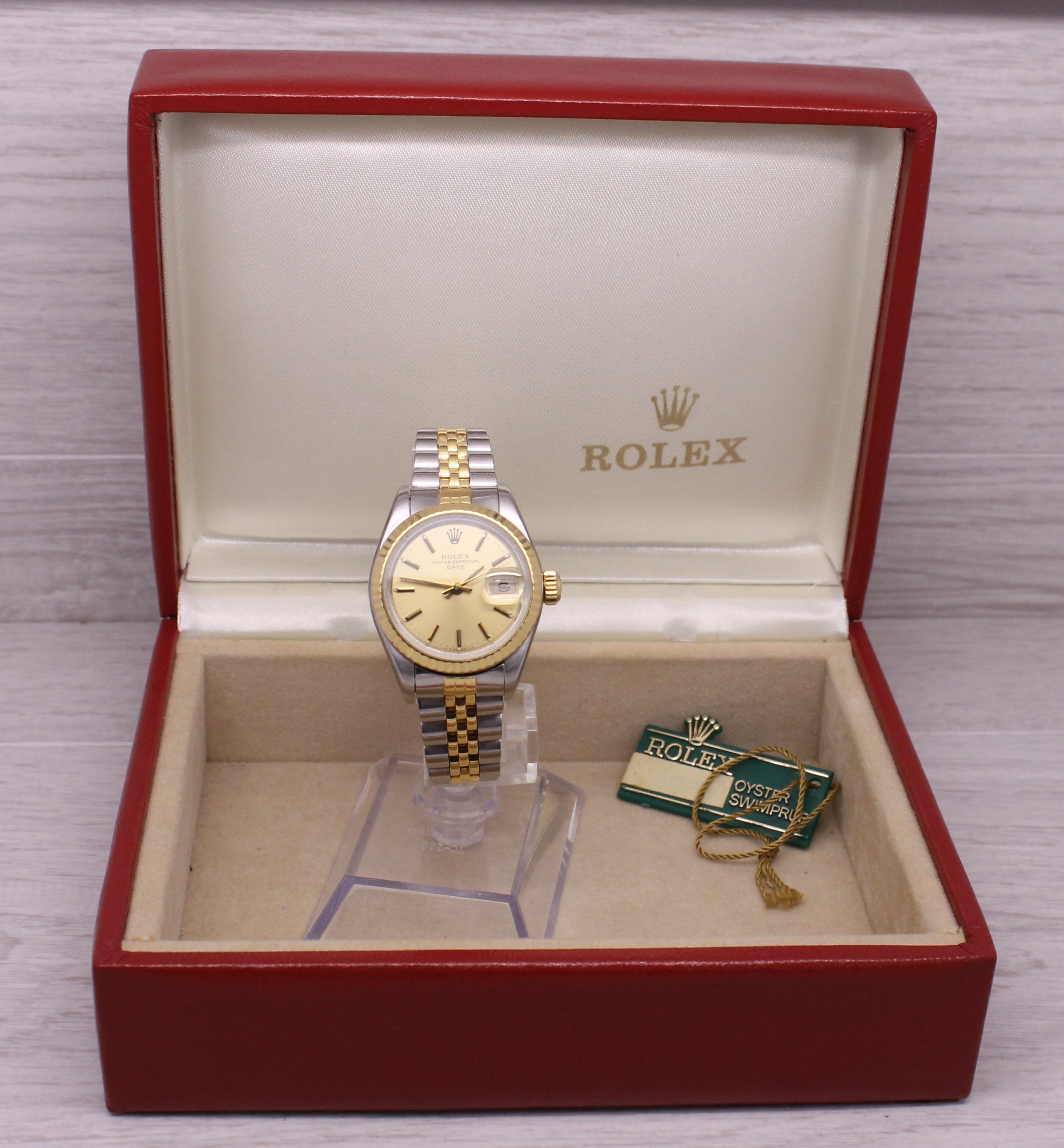 Rosy Brown Vintage 1984 Rolex Date 69173 Ladies SS 18k Automatic Watch Jubilee Box & Tag