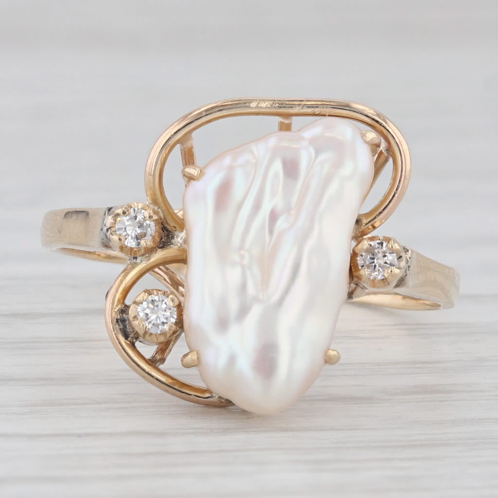 Light Gray Baroque Pearl Diamond Ring 14k Yellow Gold Size 11