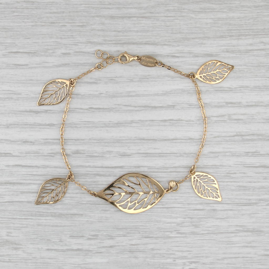Leaf Station Charm Bracelet 18k Yellow Gold 7.25-8" Cable Chain Mayorea