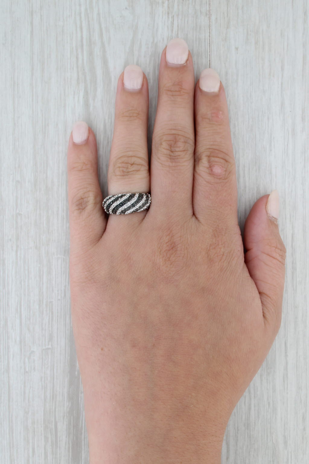 Black White Diamond Striped Ring Sterling Silver Size 6