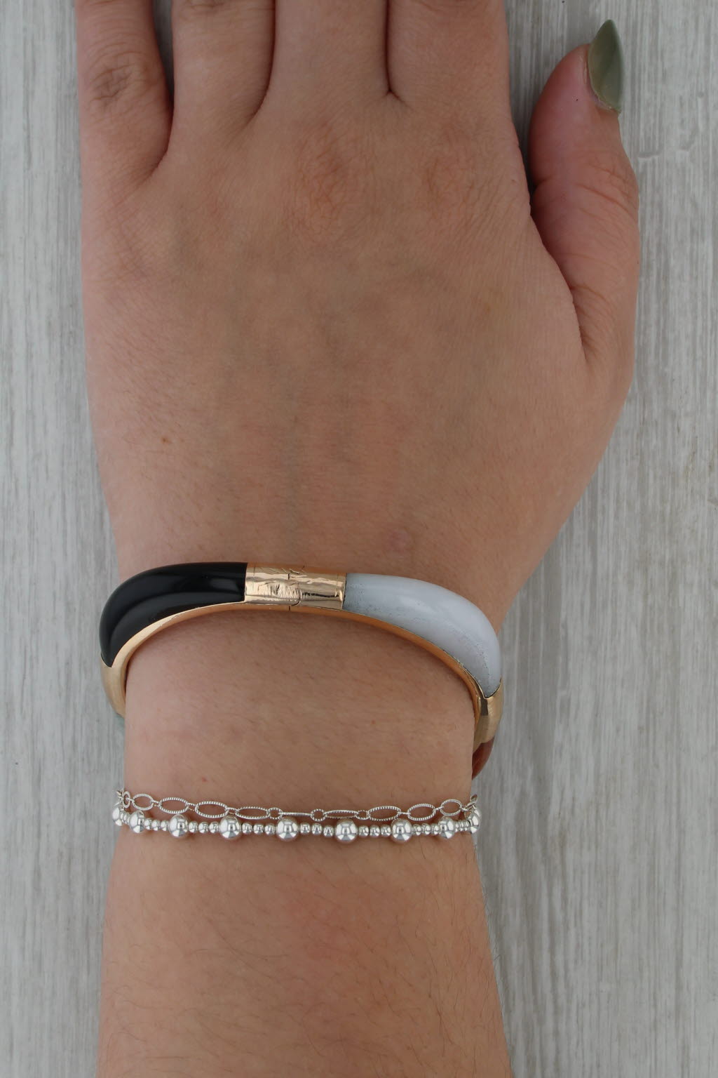Jadeite Jade Onyx Bangle Bracelet 14k Rose Gold 7" 7.3mm