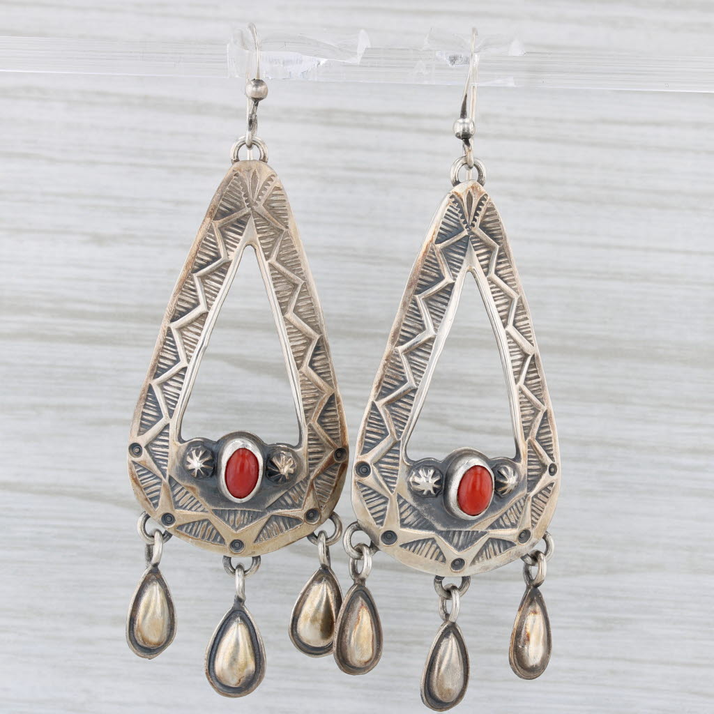 Geneve Ramone Navajo Native American Earrings Sterling Silver Coral Teardrop