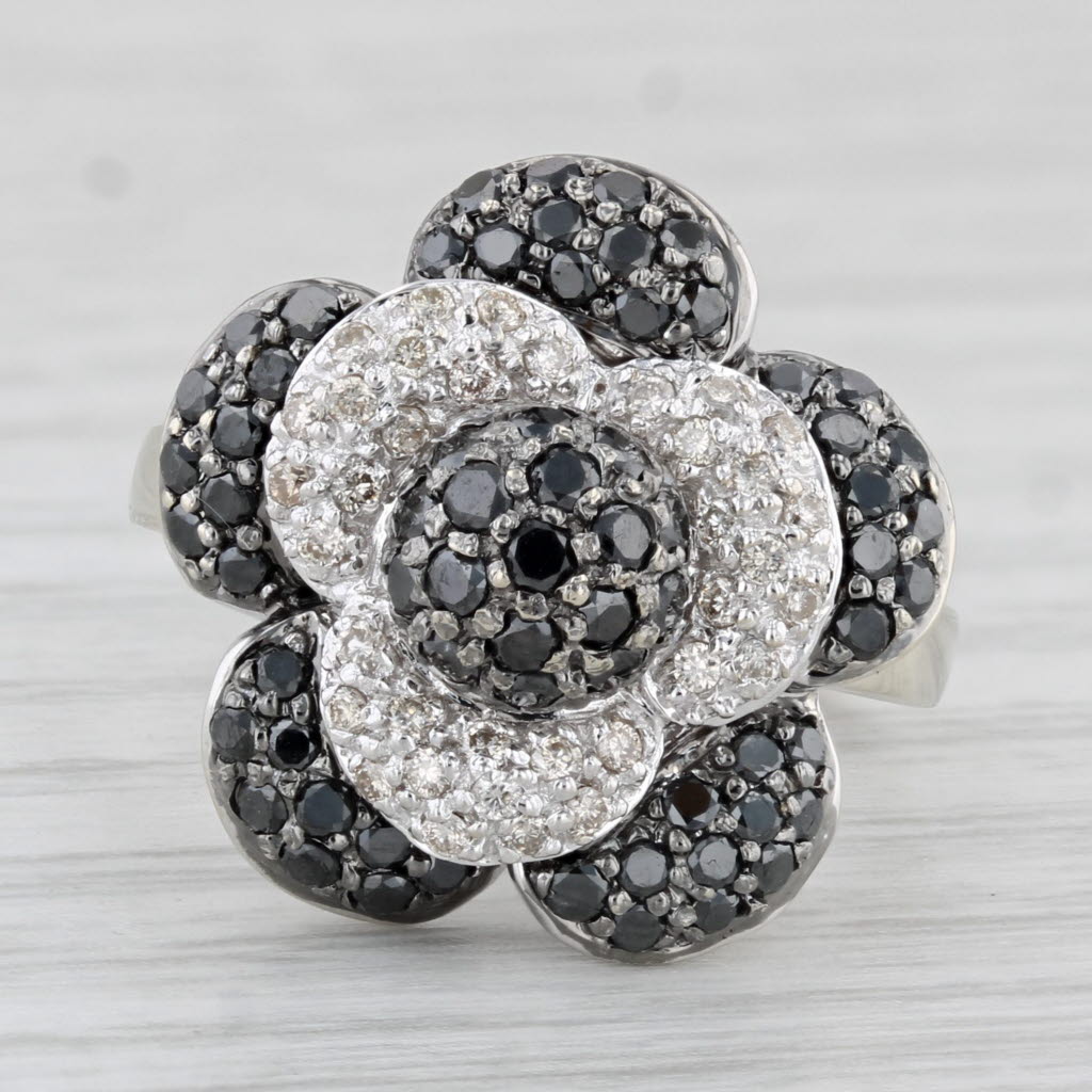 Light Gray 1ctw Black White Diamond Flower Ring 14k White Gold Size 6.75 Cocktail