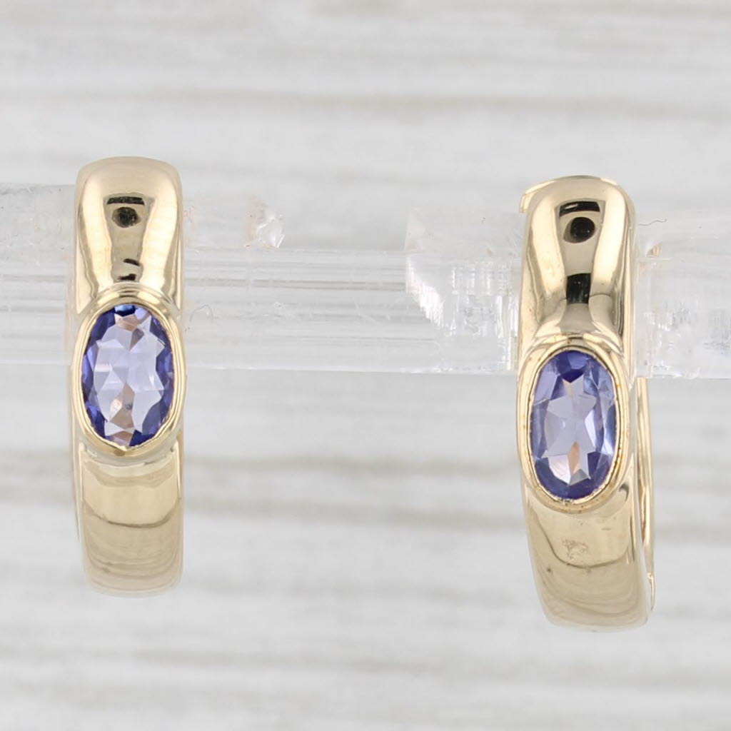 Light Gray 1ctw Tanzanite Hoop Huggie Earrings 14k Yellow Gold Hinged Snap Top