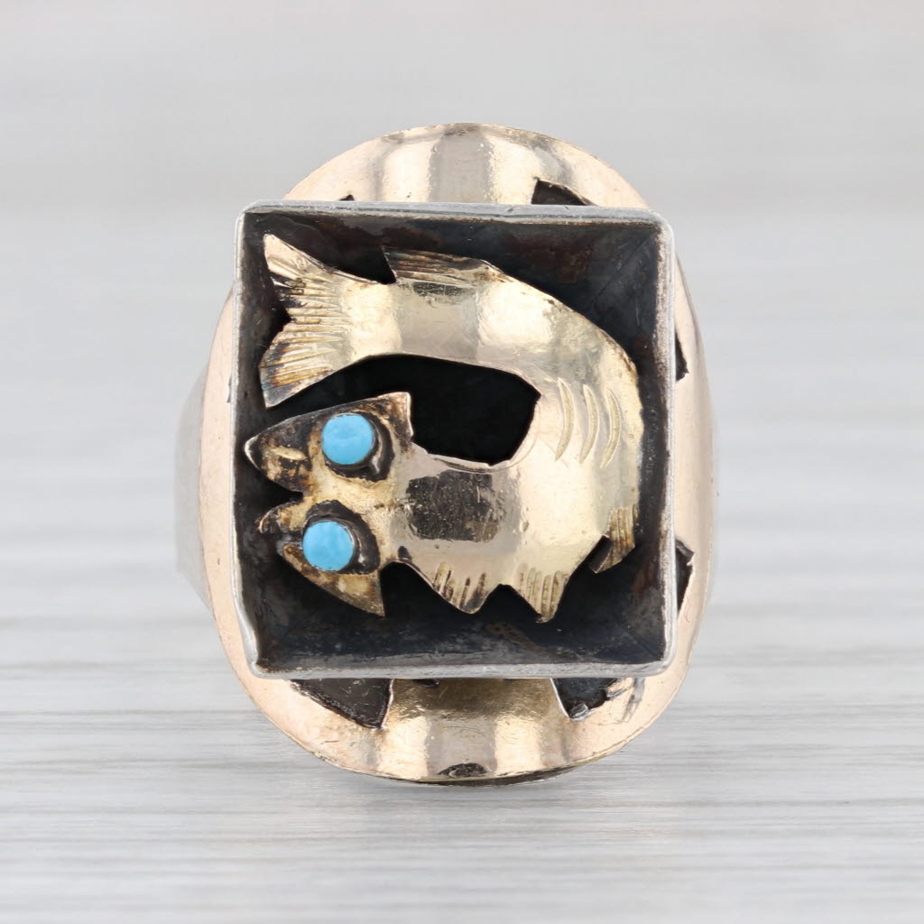 Vintage Glass Eyed Fish Ring Sterling Silver 18k Gold Adjustable Size 5