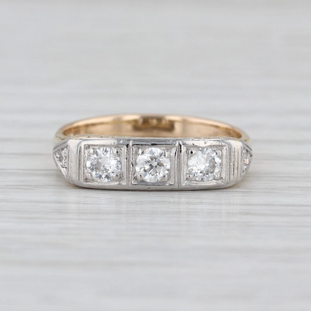 Vintage 0.30ctw Diamond 3-Stone Ring 14k Gold Platinum Size 5 Ornate Openwork