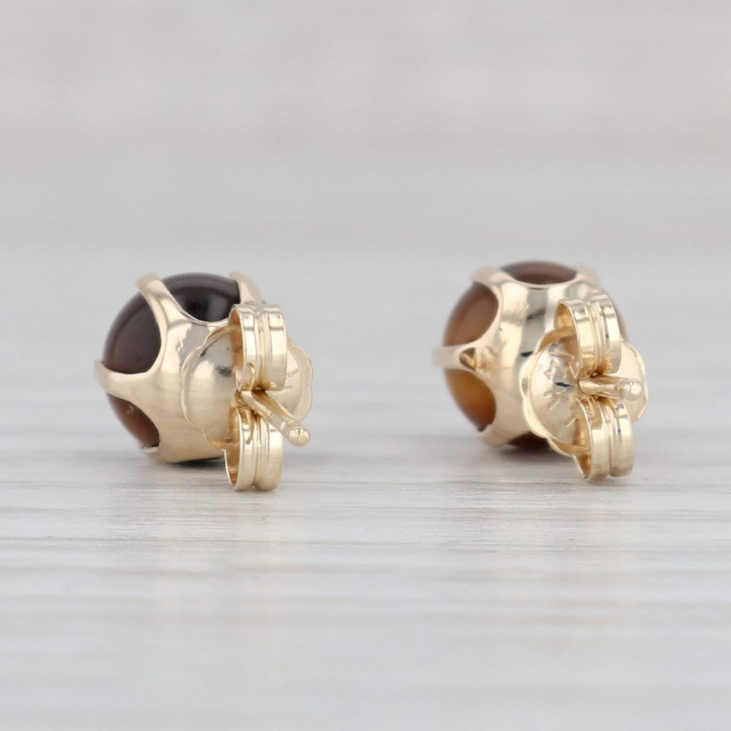 Light Gray Vintage Tiger's Eye Stud Earrings 14k Yellow Gold Brown Round Cabochons