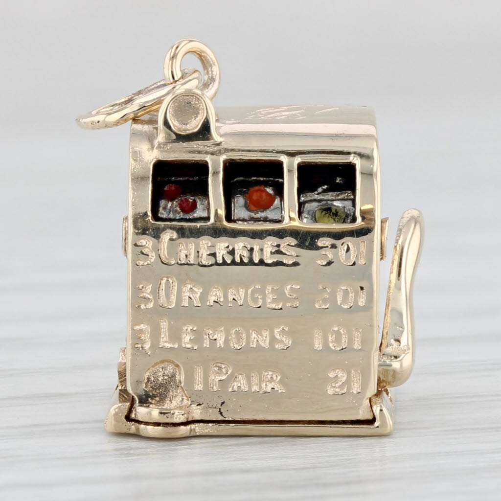 Light Gray Vintage Slot Machine Charm 14k Yellow Gold 3D Moving Parts Souvenir