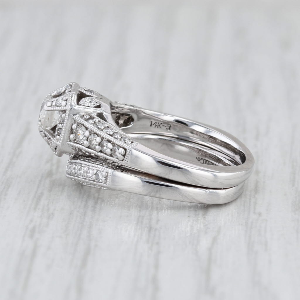 Gabriel & CO 1.06ctw Diamond Halo Engagement Ring Wedding Band Set 14k Gold
