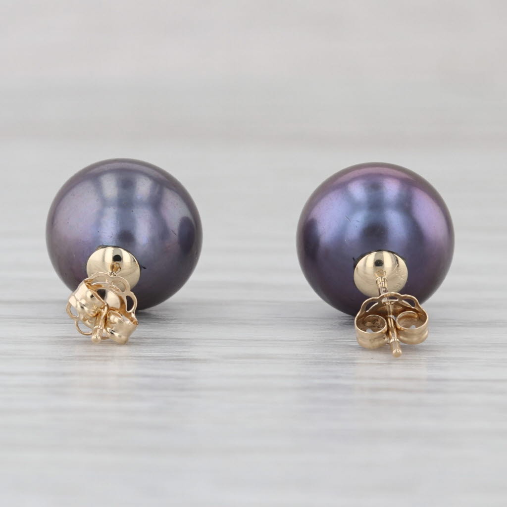 Black Cultured Pearl Stud Earrings 14k White Gold 11mm Bead Solitaire Studs