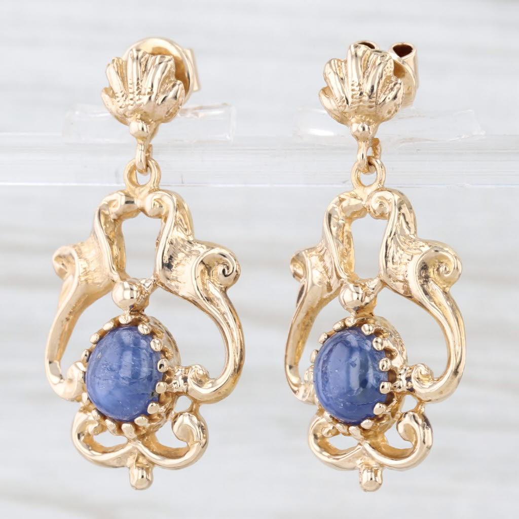 Light Gray Vintage Blue Cabochon Sapphire Dangle Earrings 14k Yellow Gold Ornate Drops
