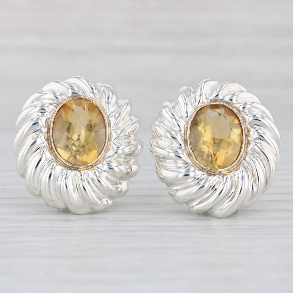 Light Gray 10.40ctw Citrine Statement Earrings Sterling Silver 14k Gold Pierced Omega Backs