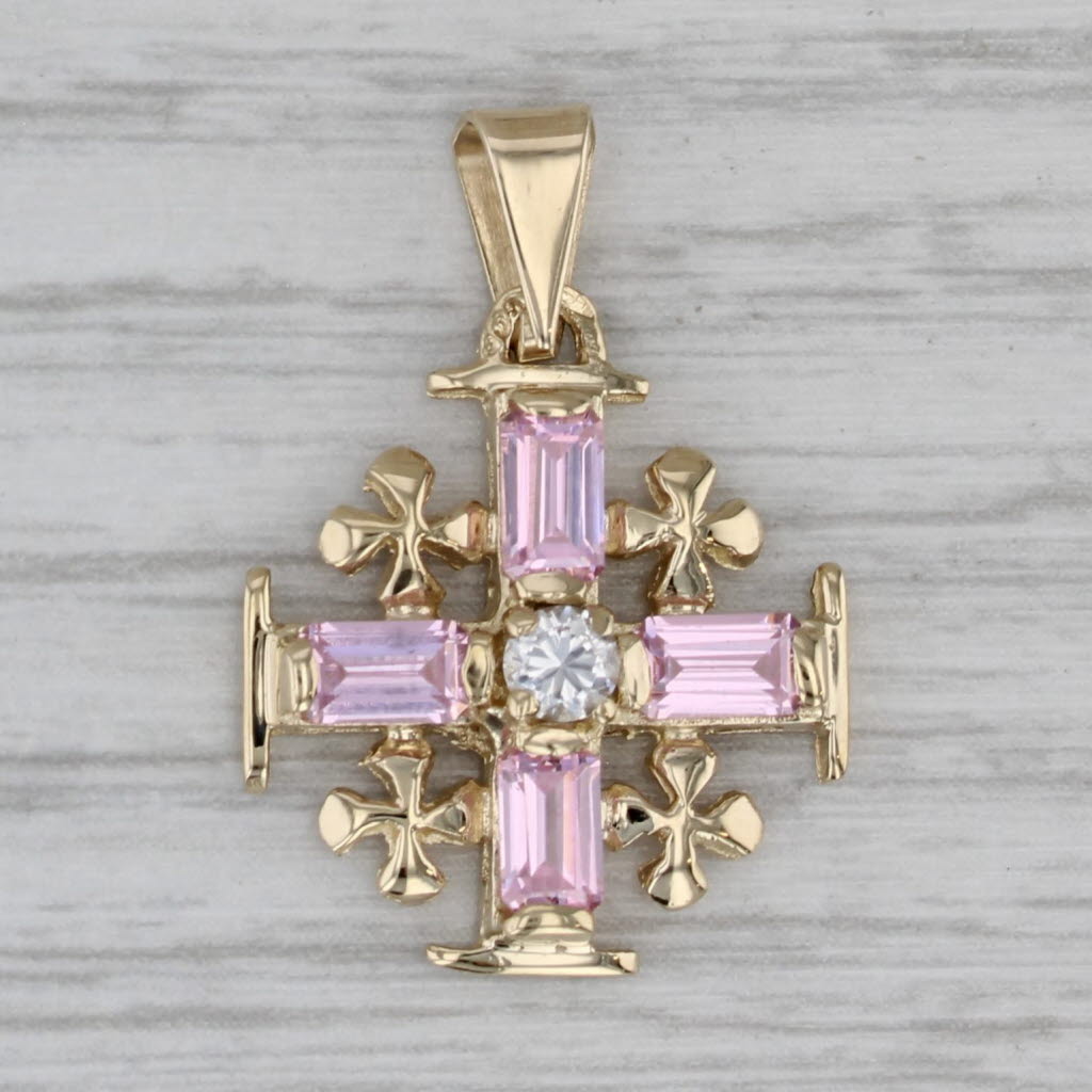 Gray 1.26ctw Pink Ice Cubic Zirconia Jerusalem Cross Pendant 14k Yellow Gold