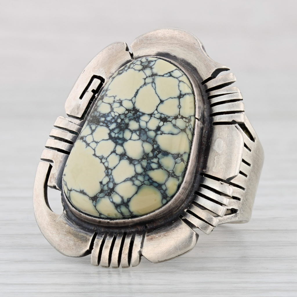 Light Gray Vintage Native American Howlite Resin Statement Ring Sterling Silver Size 9.75