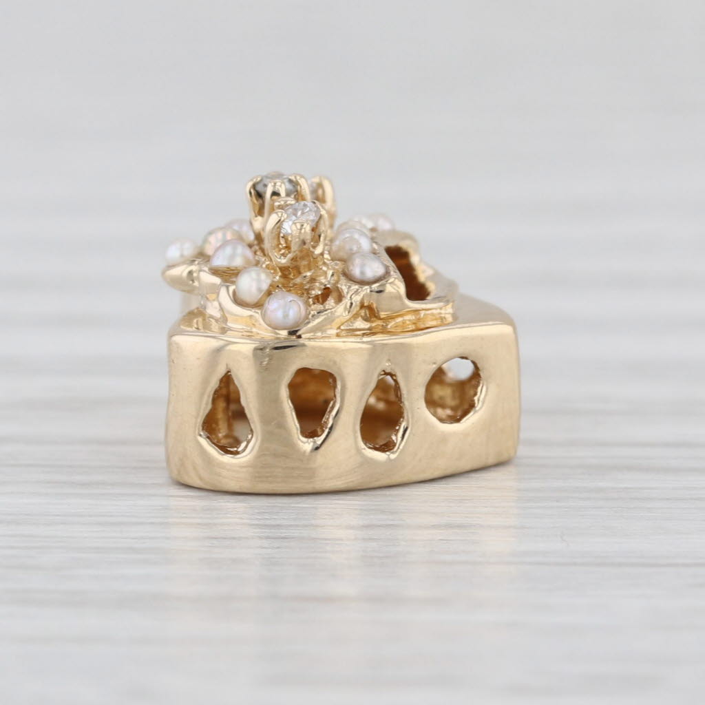 Vintage Diamond Pearl Crown Heart Slide Bracelet Charm 14k Yellow Gold