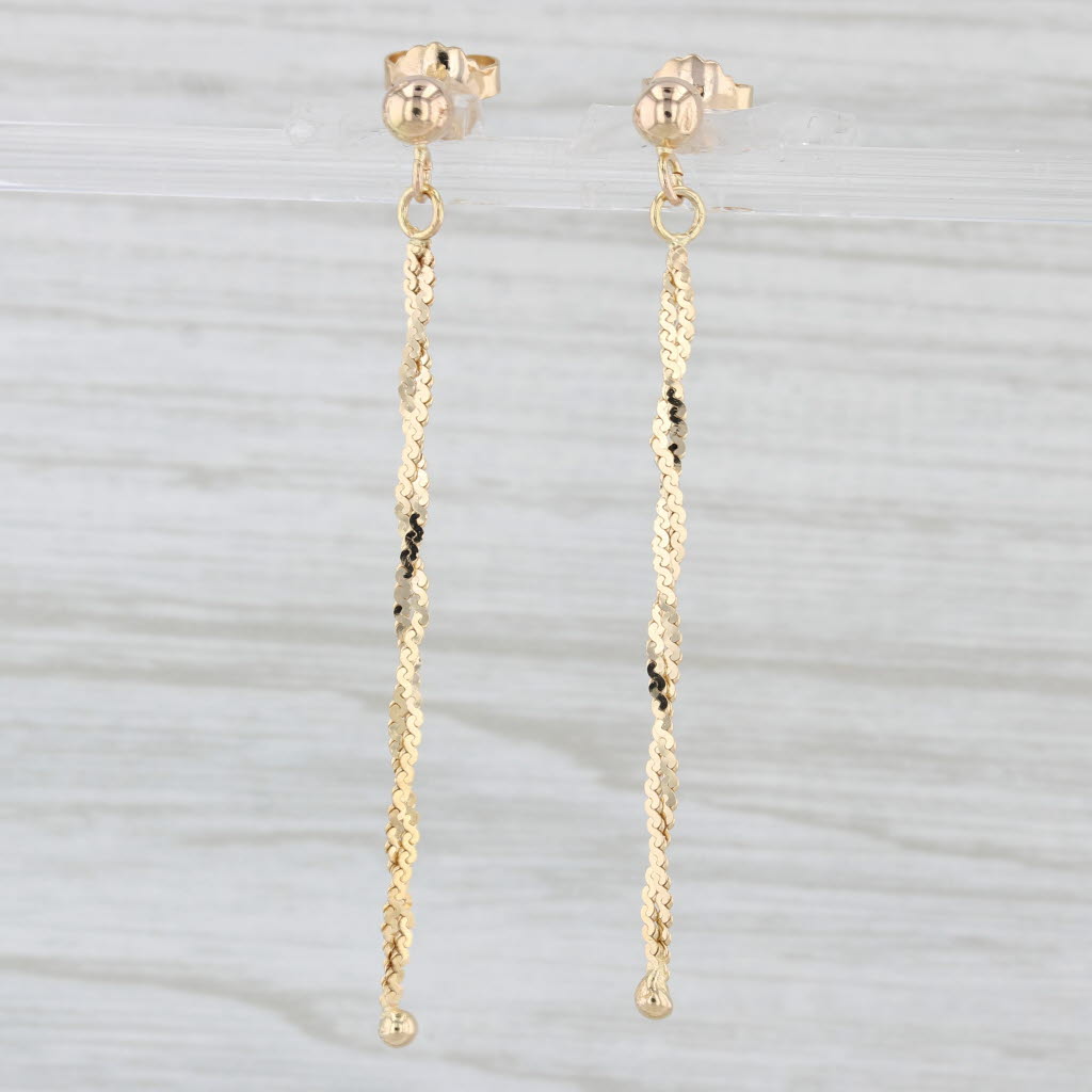 Light Gray Woven Serpentine Chain Earrings 14k Yellow Gold Pierced Drops