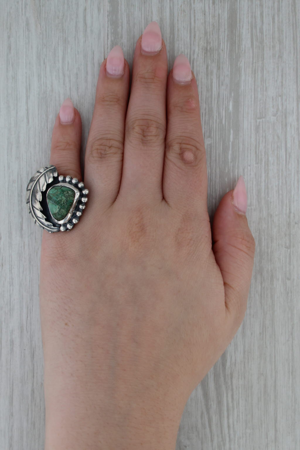 Vintage Green Copper Mineral Resi Feather Ring Sterling Silver Size 6.25