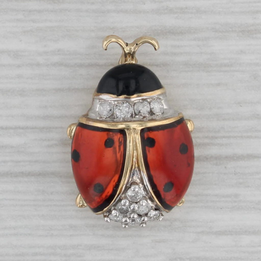 Gray Diamond Accented Ladybug Pendant 10k Yellow Gold Enamel Small Drop